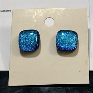 Blue and Teal Fused Glass Earrings Handmade Dichroic Studs